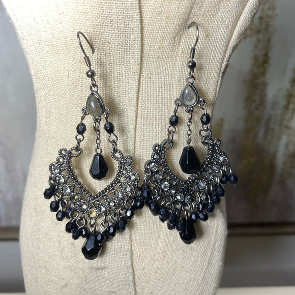 2 Elegant Black and Silver Chandelier and Gold and Burgundy Earrings - Picture 3 of 5